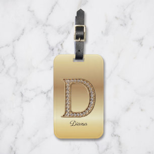 Glam Gold Diamond Monogram Initial Letter D Luggage Tag