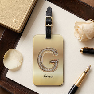 Glam Gold Diamond Monogram Initial Letter G Luggage Tag