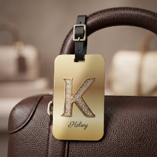 Glam Gold Diamond Monogram Initial Letter K Luggage Tag