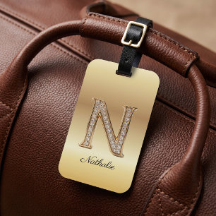 Glam Gold Diamond Monogram Initial Letter N Luggage Tag