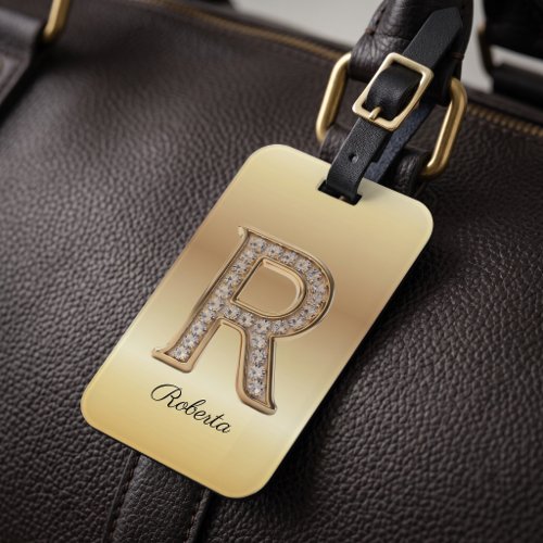 Glam Gold Diamond Monogram Initial Letter R Luggage Tag