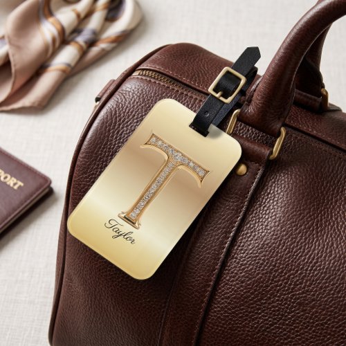 Glam Gold Diamond Monogram Initial Letter T Luggage Tag