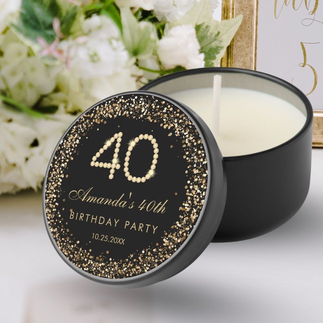 Glam Gold Diamonds 40th Birthday Party Gift Mini Candle Favors (Black and gold 40th birthday party Favor gift)