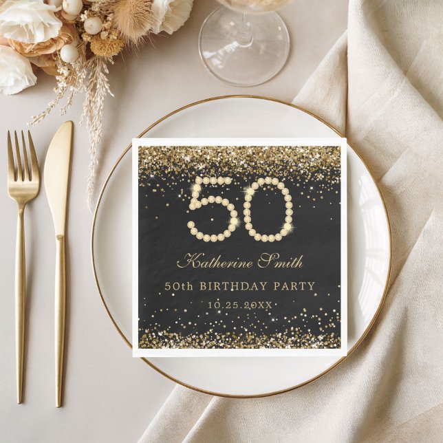 Glam Gold Diamonds 50th Birthday Party  Napkins (Gold Diamonds 50th Birthday Party Napkins)