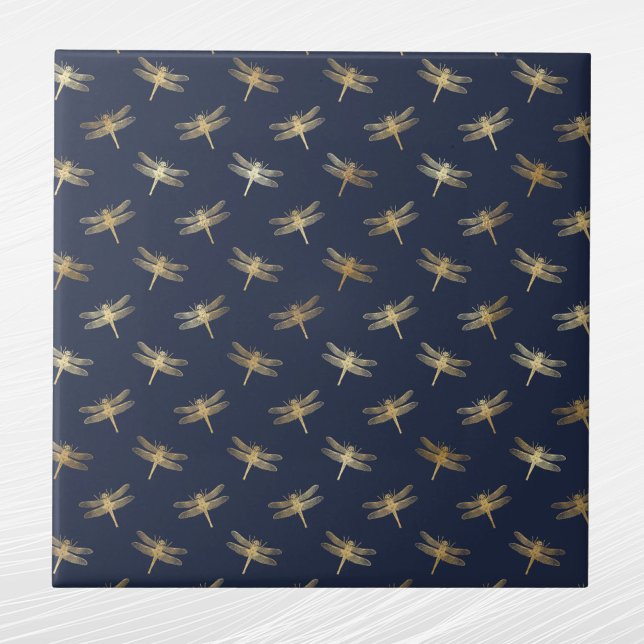 Glam Gold Dragonflies Navy Blue Ceramic Tile (Creator Uploaded)