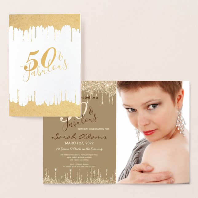 Glam Gold Drips 50 & Fab Birthday Party Real Invit Foil Card (Display)