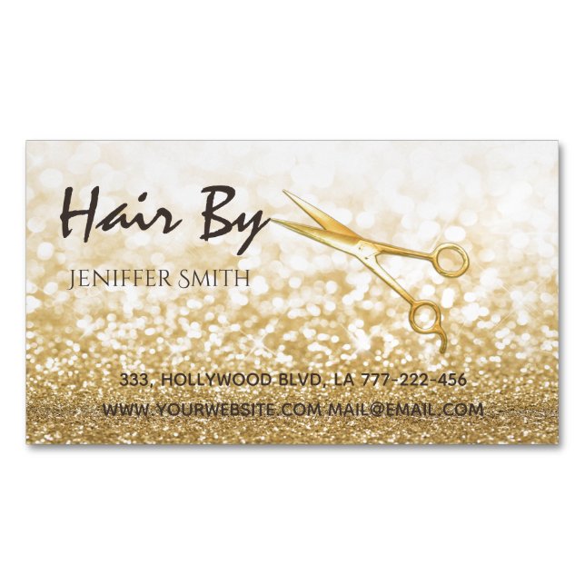 Glam gold elegant modern bokeh scissors business card magnet (Front)