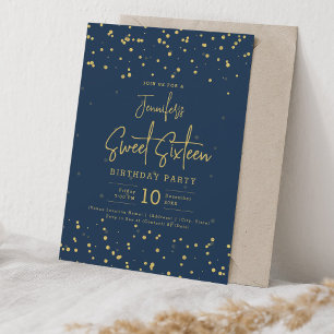 Glam Gold Faux Foil Dots Sweet 16 Navy Blue  Invitation