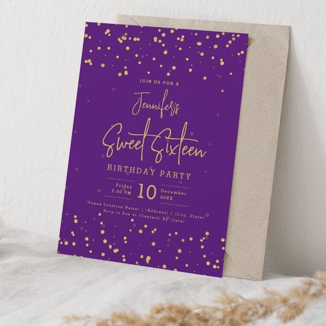 Glam Gold Faux Foil Dots Sweet 16 Purple  Invitation (Glam Gold Faux Foil Dots Sweet 16 Purple Invitation)