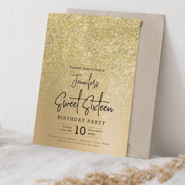 Glam Gold Faux Glitter Sparkle Sweet 16 Party Invitation (Glam Gold Faux Glitter Sparkle Sweet 16 Party Invitation)