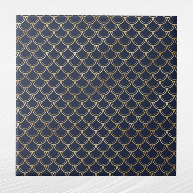 Glam Gold Fish Scales Navy Blue Ceramic Tile (Creator Uploaded)