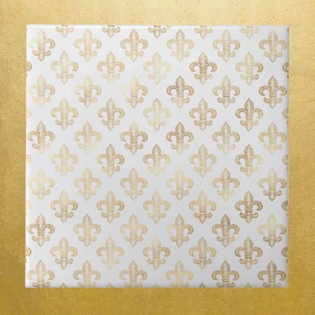Glam Gold Fleur de Lis White Ceramic Tile (Creator Uploaded)