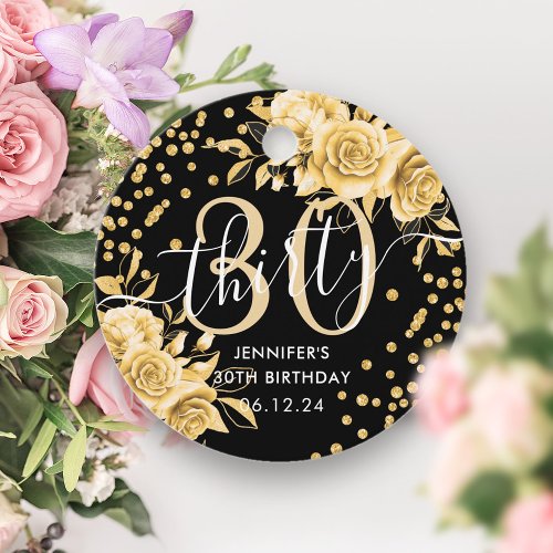 Glam Gold Floral Glitter 30th Birthday Black  Favor Tags