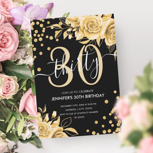 Glam Gold Floral Glitter 30th Birthday Black  Invitation