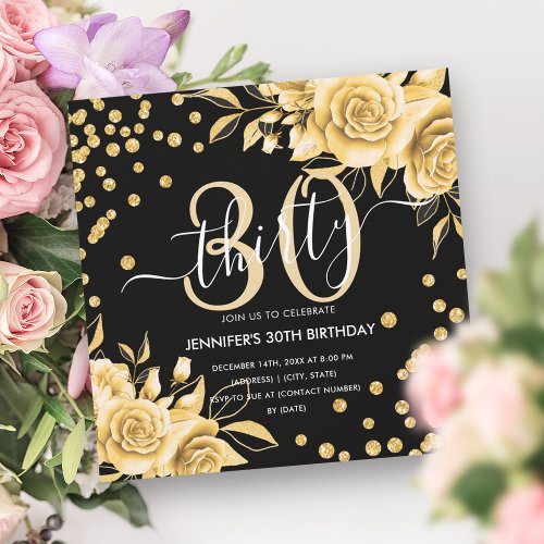 Glam Gold Floral Glitter 30th Birthday Black  Invitation
