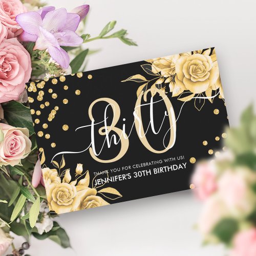Glam Gold Floral Glitter 30th Birthday Black  Thank You Card