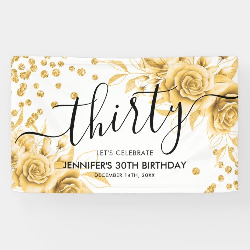 Glam Gold Floral Glitter 30th Birthday Script Banner