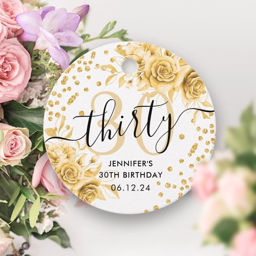 Glam Gold Floral Glitter 30th Birthday Script Favor Tags