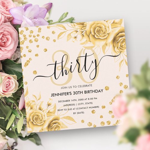 Glam Gold Floral Glitter 30th Birthday Script Invitation