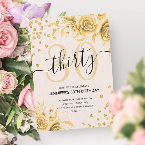 Glam Gold Floral Glitter 30th Birthday Script Invitation