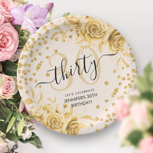 Glam Gold Floral Glitter 30th Birthday Script Paper Plates