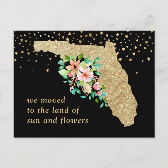 Glam Gold Florida Map Floral Moving Announcement Postcard (Front)