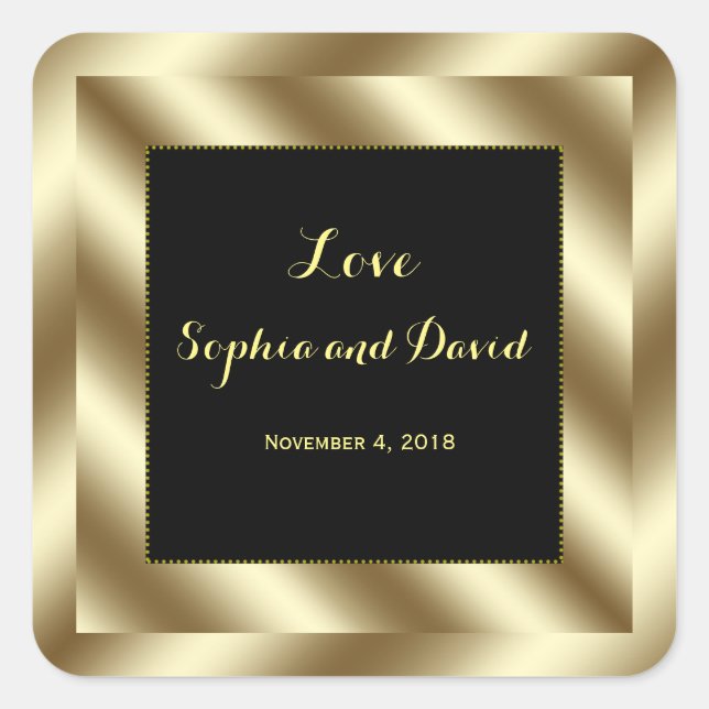Glam Gold Foil and Black Wedding Custom Square Sticker (Front)
