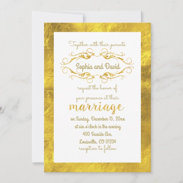 Glam Gold Foil and White Wedding Invitation (Front)