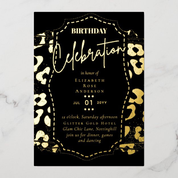 Glam Gold Foil Animal Print Girly Black Birthday  Foil Invitation