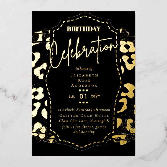 Glam Gold Foil Animal Print Girly Black Birthday  Foil Invitation (Front)