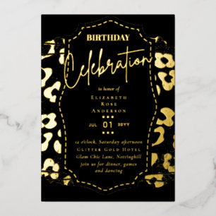 Glam Gold Foil Animal Print Girly Black Birthday Invitation