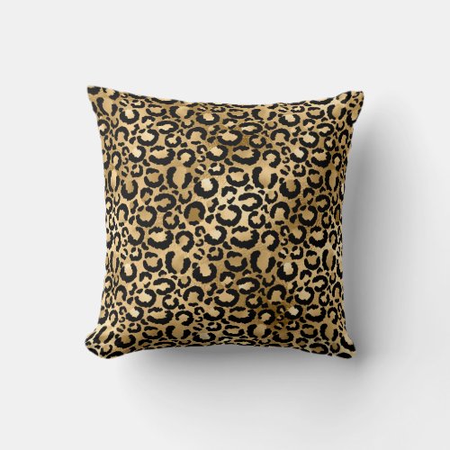 Glam Gold Foil Black Leopard Spots Animal Print Throw Pillow