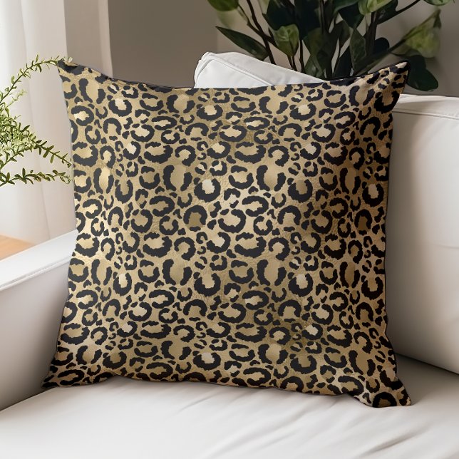 Glam Gold Foil Black Leopard Spots Animal Print Throw Pillow (Creator Uploaded)