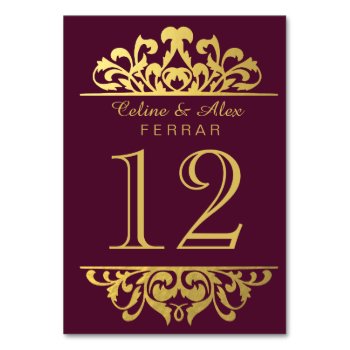 Glam Gold Foil Flourish Table Numbers | Aubergine by glamprettyweddings at Zazzle