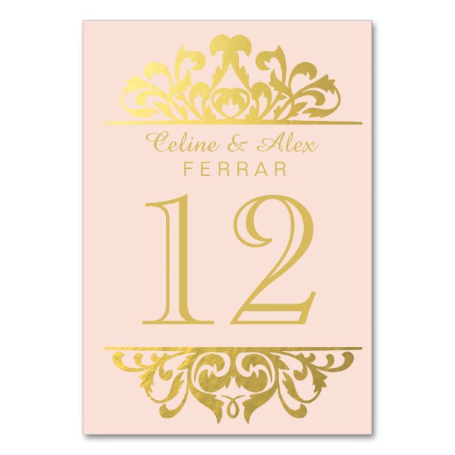 Glam Gold Foil Flourish Table Numbers | pink gold (Front)