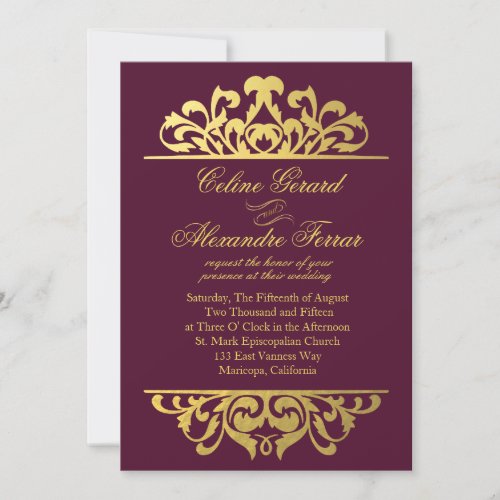 Glam Gold Foil Flourish Wedding  aubergine Invitation