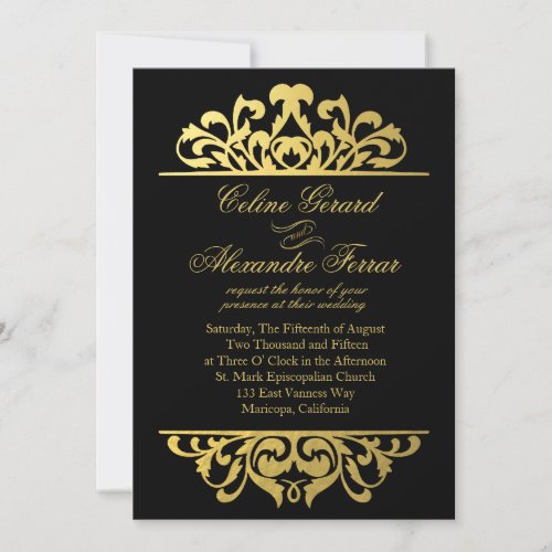 Glam Gold Foil Flourish Wedding  black gold Invitation