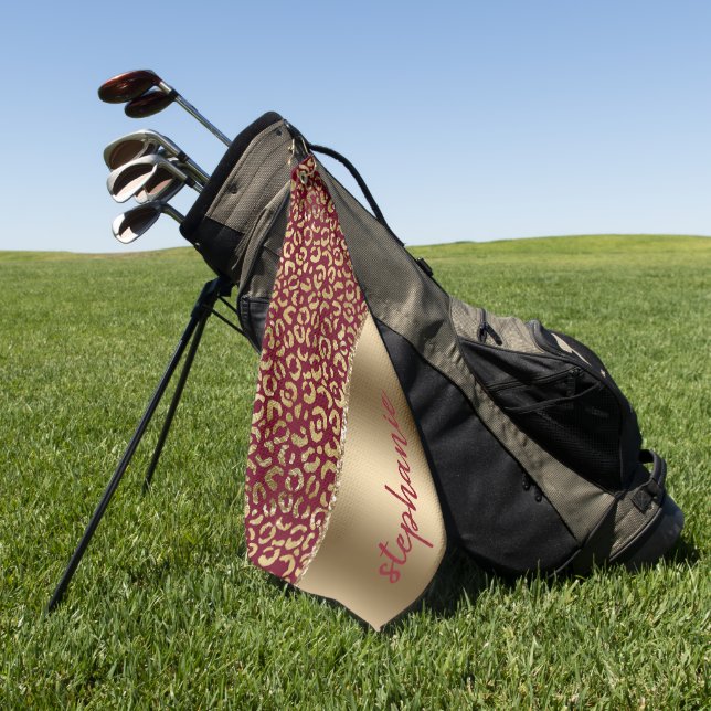Glam Gold Foil Leopard Spots Burgundy Name Golf Towel (Green)