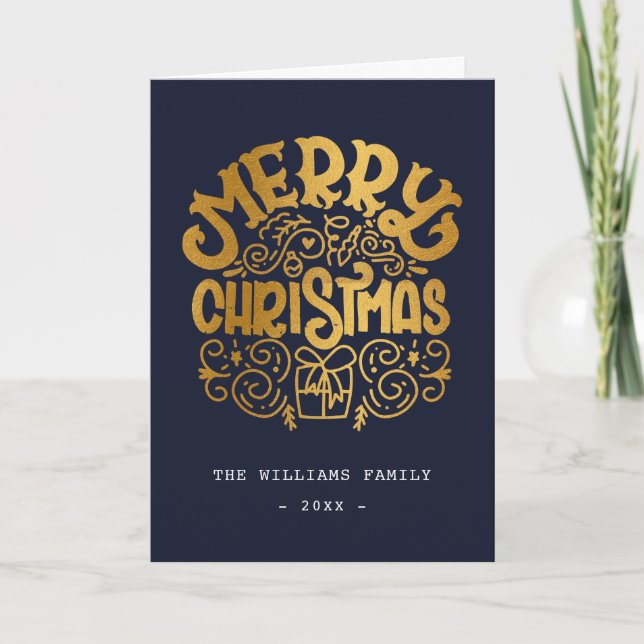 Glam Gold Foil Merry Christmas Blue Personalized Holiday Card (Front)