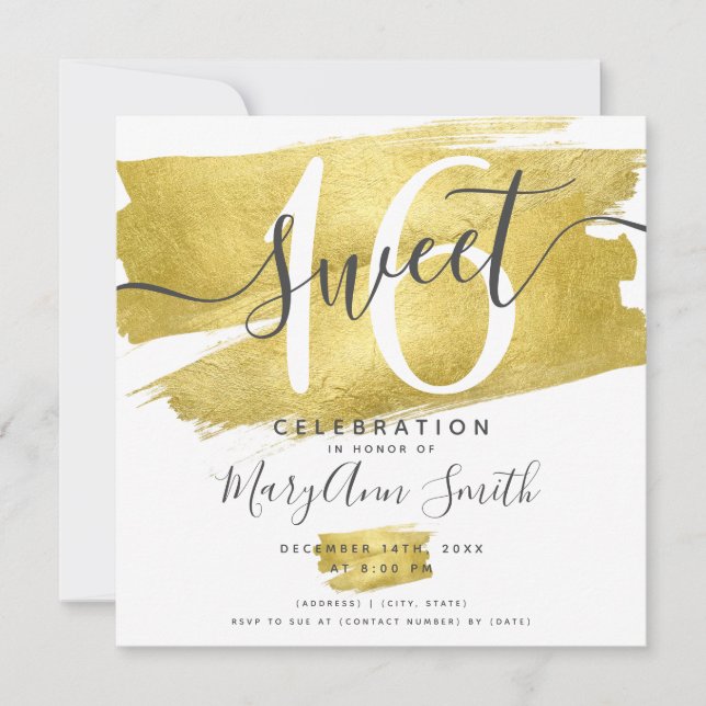 Glam Gold Foil Paint Sweet 16th Birthday Invitation (Front)