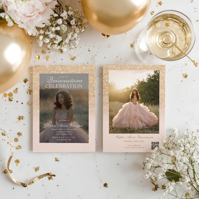 Glam Gold Glitter 2 photos Qr blush Quinceañera Invitation (Glam Gold Glitter 2 photos Qr blush Quinceañera Invitation)