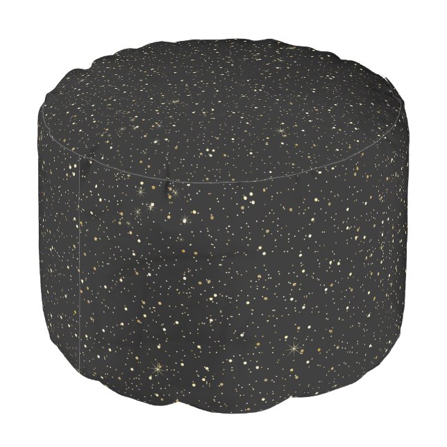 Glam gold glitter and sparkles image on black pouf (Angled Back)