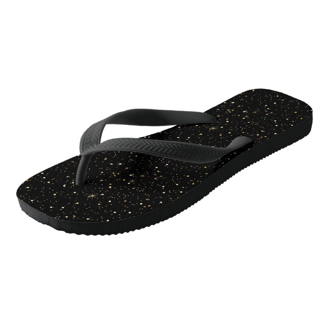 Glam gold glitter and sparkles on black image flip flops (Angled)