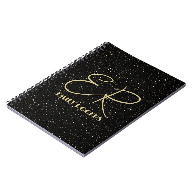 Glam gold glitter and sparkles on black image notebook (Left Side)