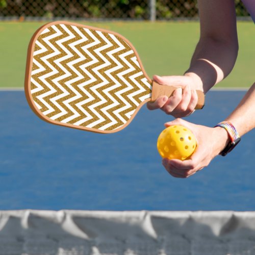 Glam gold glitter and white chevron stripes pickleball paddle