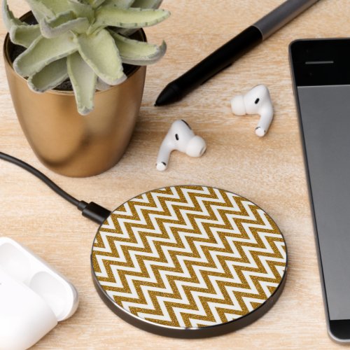 Glam gold glitter and white chevron stripes wireless charger 