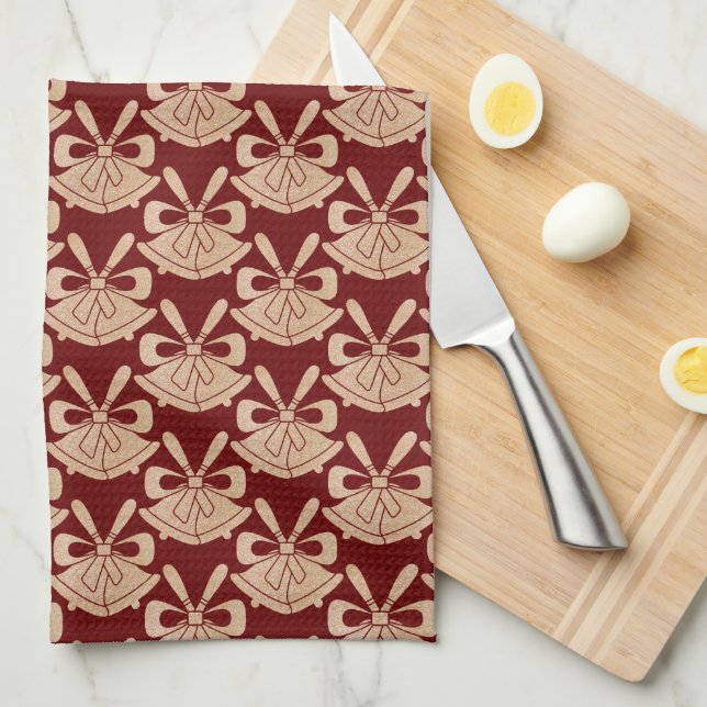 Glam Gold Glitter Bells on Red Christmas  Kitchen Towel (Quarter Fold)