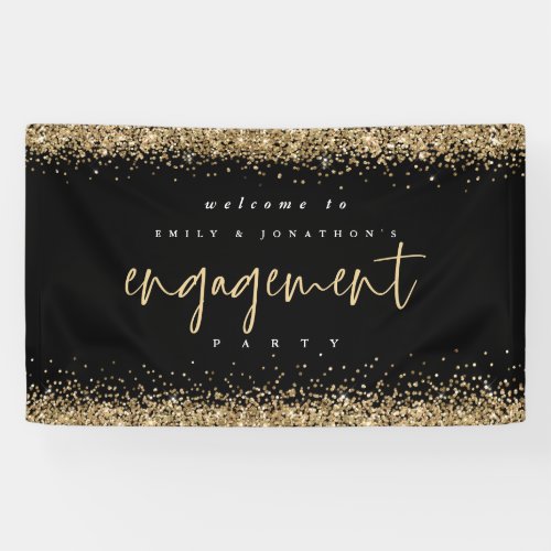 Glam Gold Glitter Black Welcome Engagement Party Banner