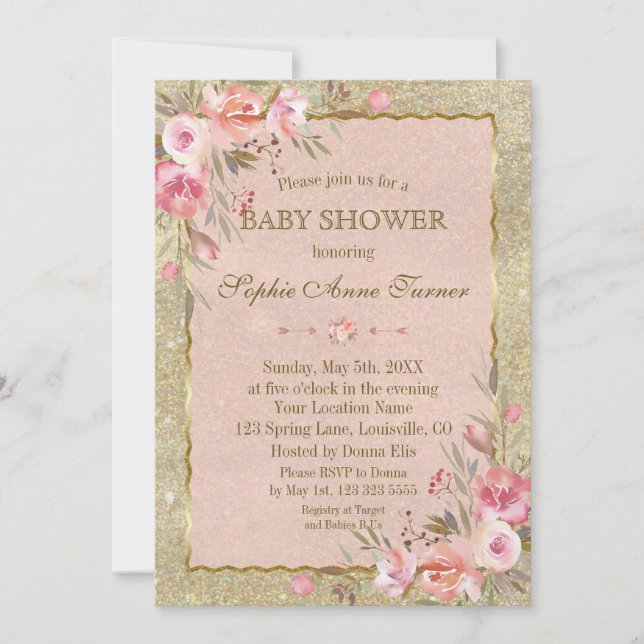 Glam Gold Glitter Blush Floral Baby Shower Invitation (Front)