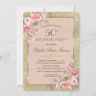 Glam Gold Glitter Blush Floral Birthday Party Invitation